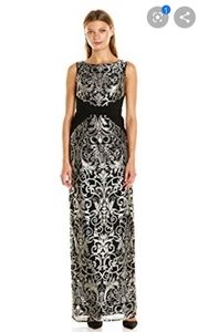 Adrianna Papell Black Gold Scroll dress Gown 10 20w